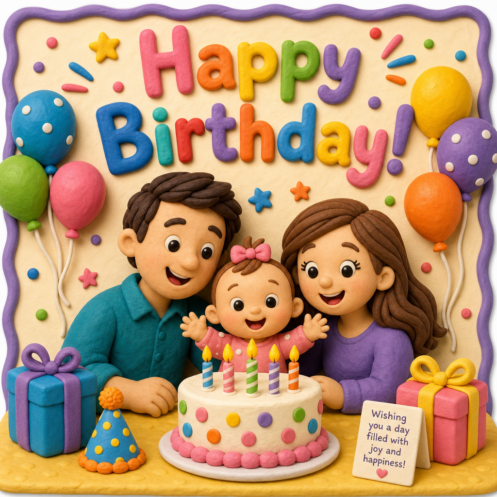 Birthday greeting card with a family, baby, and claymation style