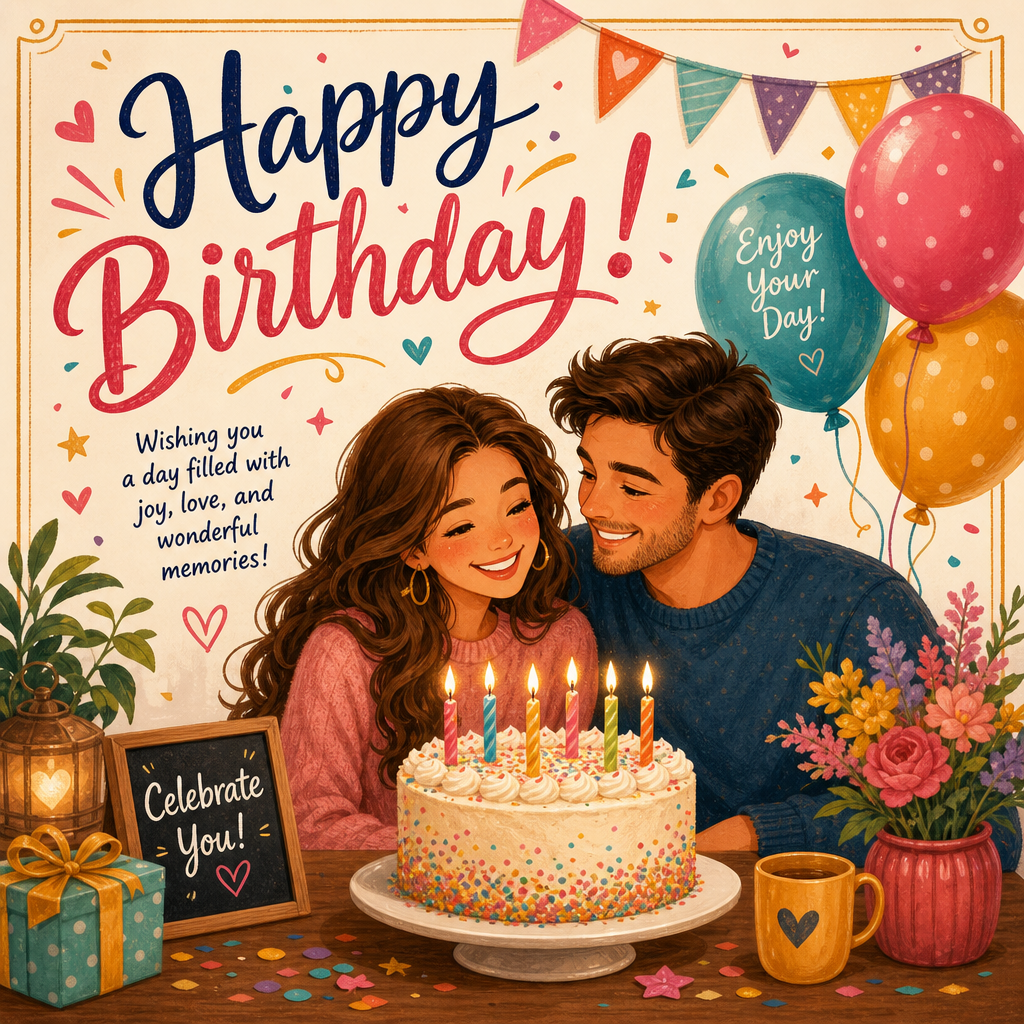 Birthday greeting card with a couple and cozy illustration style