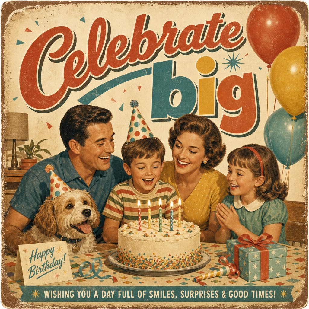 Birthday greeting card with a family, dog, and vintage postcard style