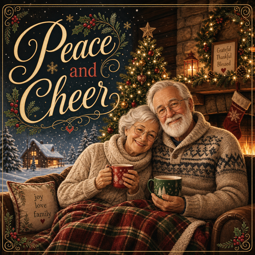 Christmas greeting card with grandparents and cozy illustration style