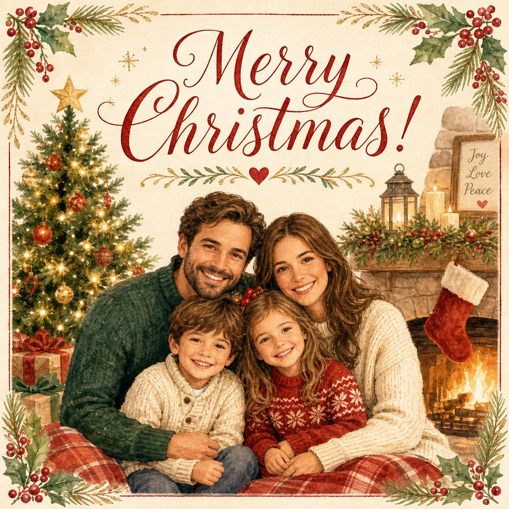Christmas greeting card with a family and watercolor style