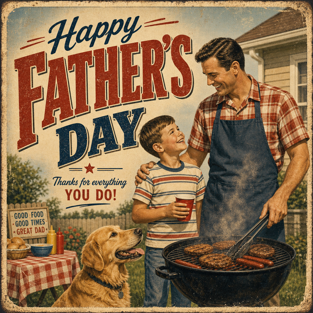 Father's Day greeting card with a family, dog, and vintage postcard style