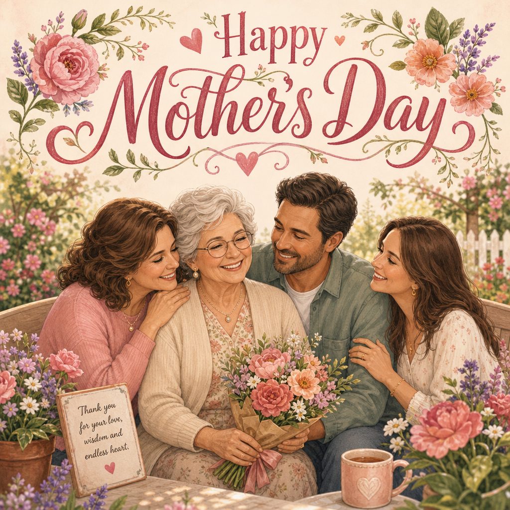 Mother's Day greeting card with grandparents and cozy illustration style
