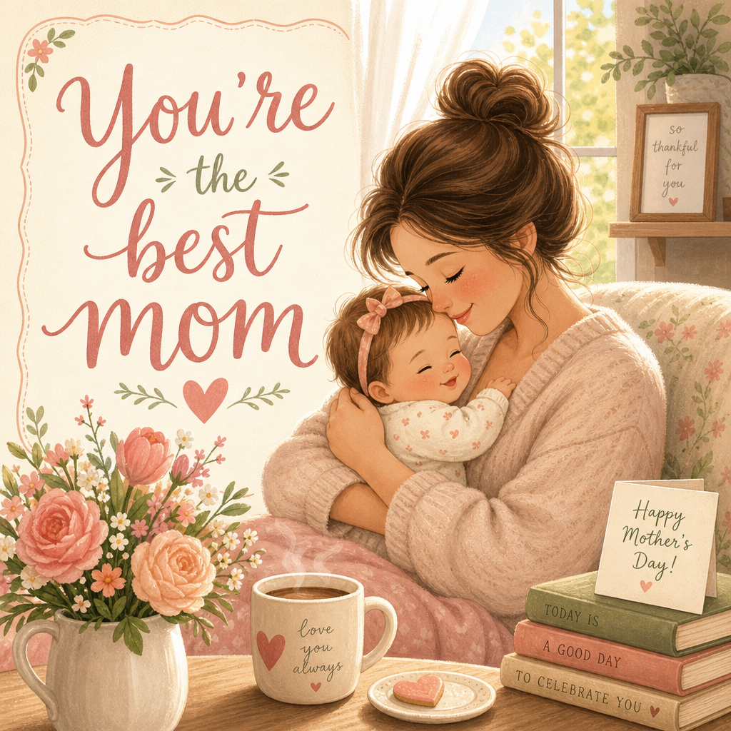 Mother's Day greeting card with a mother and baby in storybook style