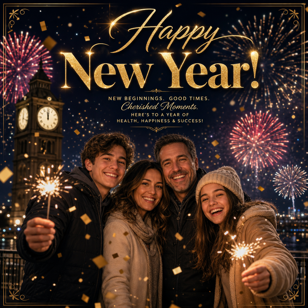 New Year greeting card with a family and cinematic style
