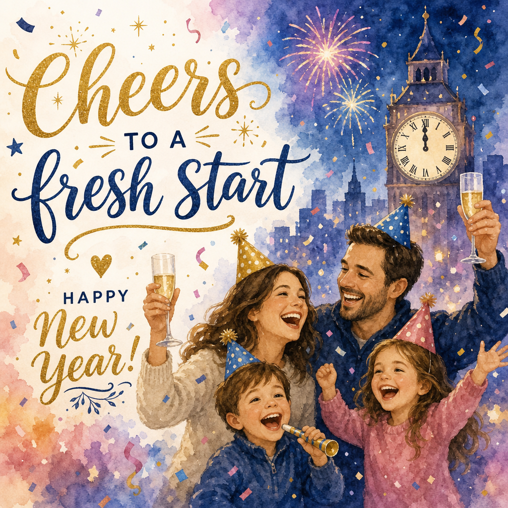 New Year greeting card with a family and watercolor style