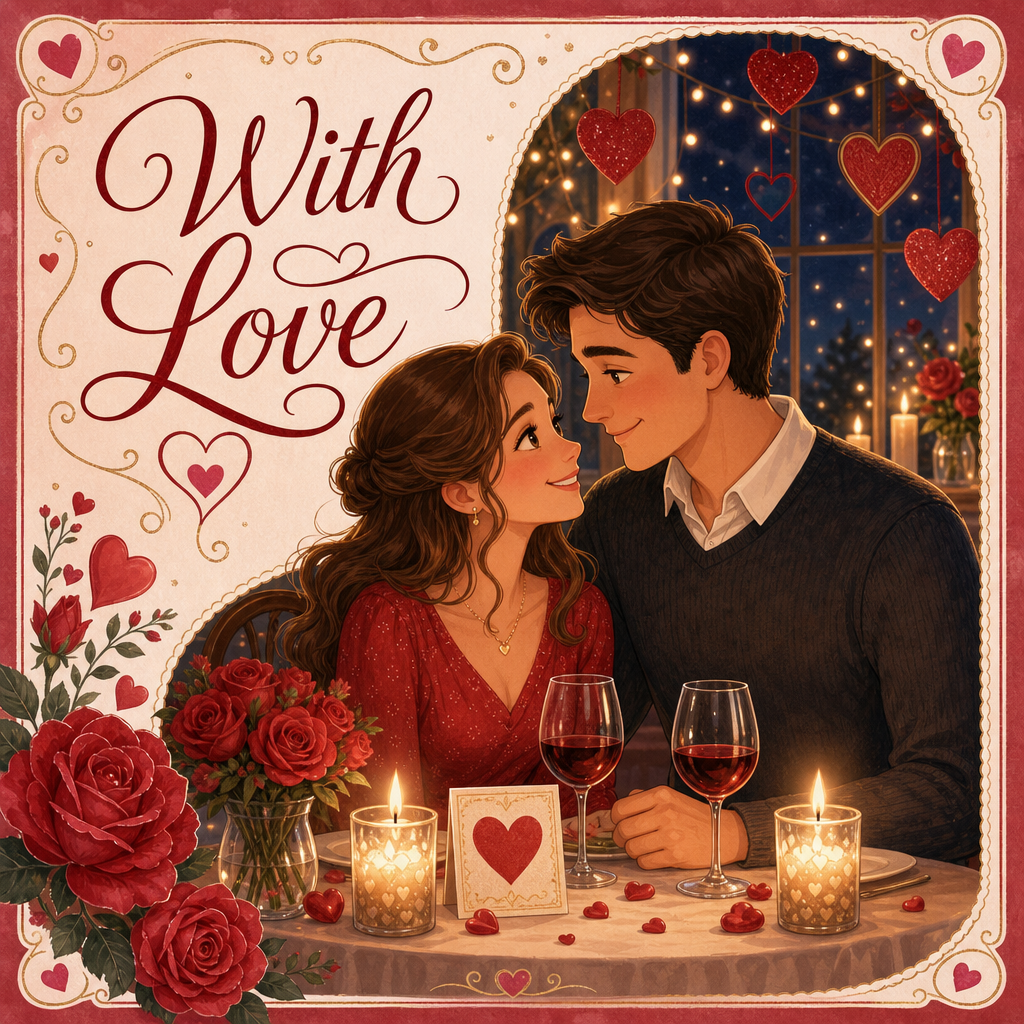 Valentine's Day greeting card with a couple and storybook style